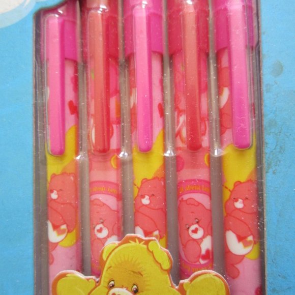 Care Bears 5 Stick Pens Vintage Yellow Pink - Picture 2 of 4